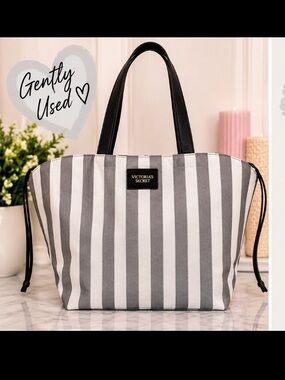 Victoria's Secret Gray White Striped Oversized Beach Tote Bag Drawstring